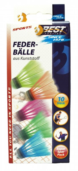 Nylon Federbälle, 10 Stück / farbig / Kunststoffkopf
